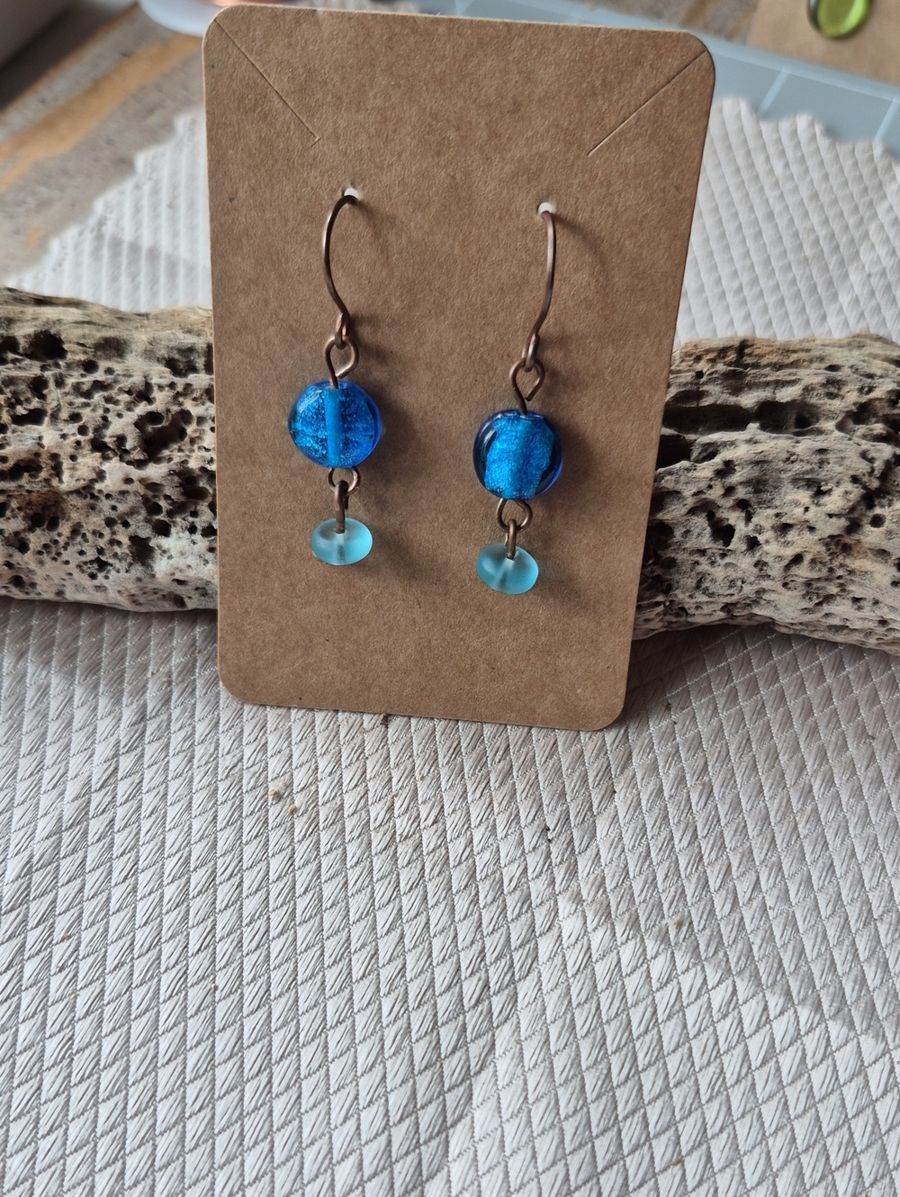 Bright Blue Glass Drop Earrings with Aqua Accent